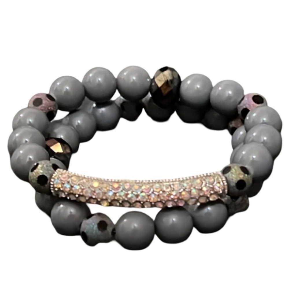 Stardust Grey A&B Crystal Druzy Bar Beaded Stretch Bracelet Set